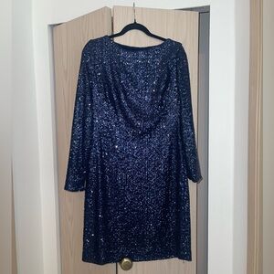 Long Sleep Open Back Navy Sequin Midi Dress